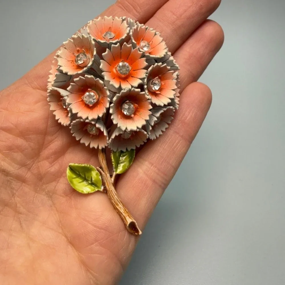 Vintage Corocraft Enamel Flower Brooch‎ Coral Color Rhinestones Spring Summer